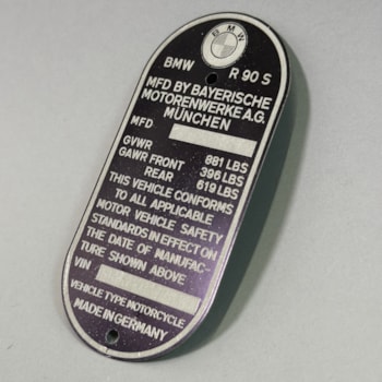 BMW R90S Blank VIN Type Identification Plate